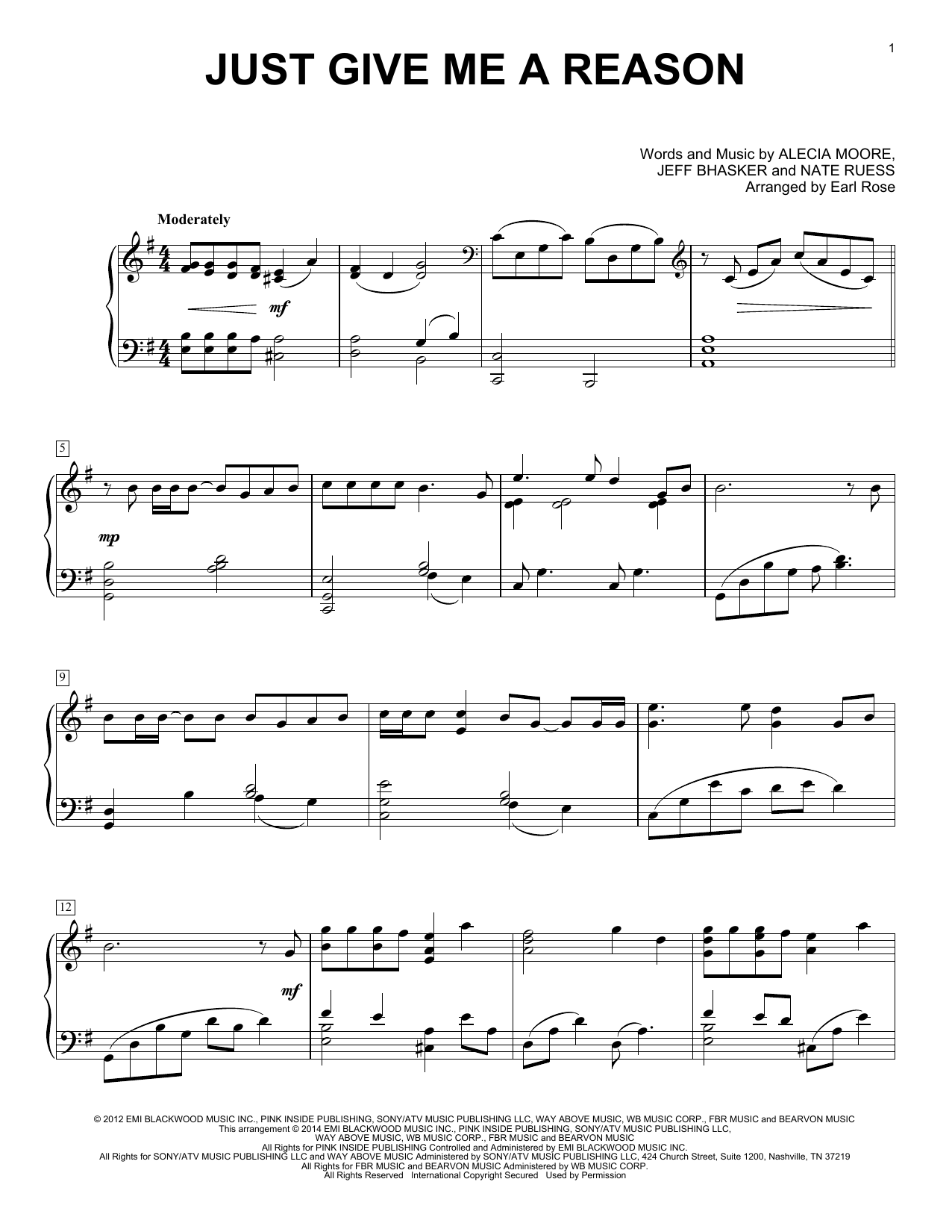 diámetro siesta dorado Earl Rose "Just Give Me A Reason" Sheet Music PDF Notes, Chords | Pop Score  Piano Solo Download Printable. SKU: 156804