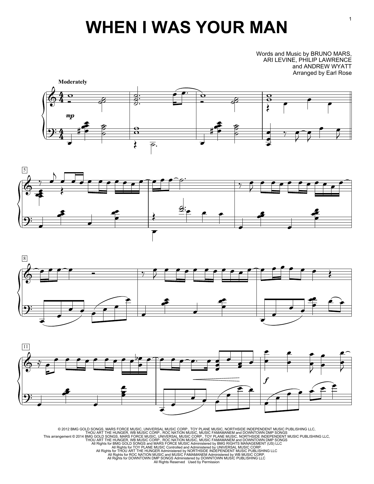 Earl Rose When I Was Your Man Sheet Music Pdf Notes Chords Rock Score Piano Solo Download Printable Sku 156797