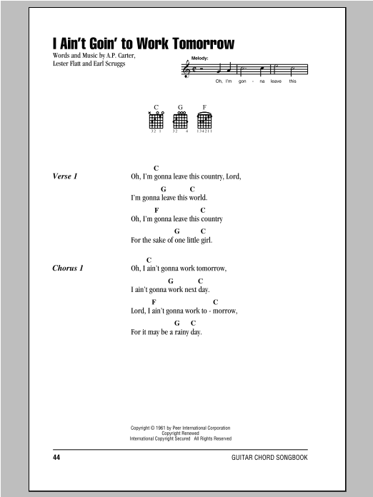 Learn to play Earl Scruggs I Ain't Goin' To Work Tomorrow sheet music for Banjo Tab in minutes. Price: 7.8900$ Earl Scruggs I Ain't Goin' To Work Tomorrow sheet music notes and chords arranged for Banjo Tab