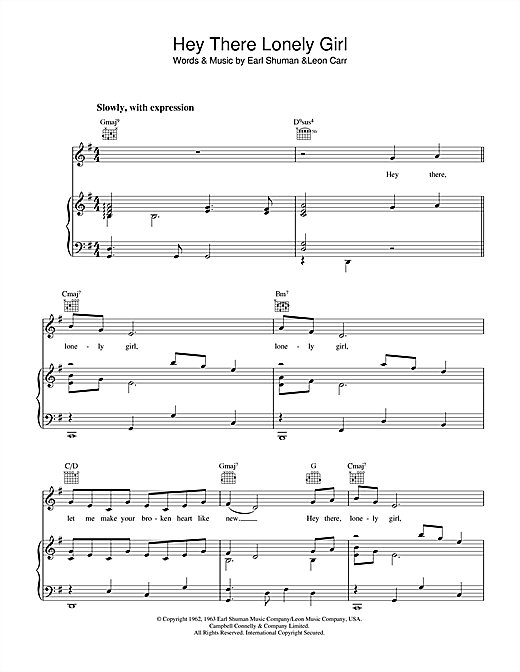 Learn to play Earl Shuman Hey There, Lonely Girl sheet music for Piano, Vocal & Guitar (Right-Hand Melody) in minutes. Earl Shuman Hey There, Lonely Girl sheet music notes and chords. Download Printable PDF.