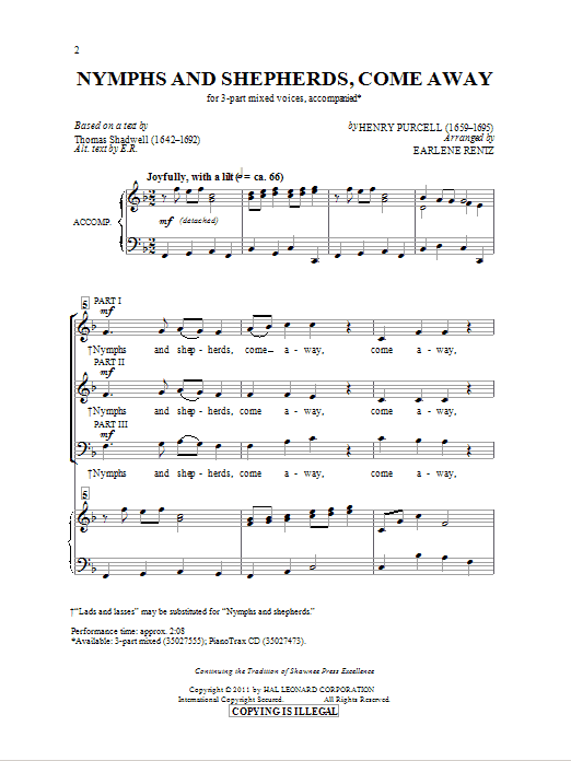 Learn to play Earlene Rentz Nymphs And Shepherds, Come Away sheet music for 3-Part Mixed Choir in minutes. Price: 3.9900$ Earlene Rentz Nymphs And Shepherds, Come Away sheet music notes and chords arranged for 3-Part Mixed Choir