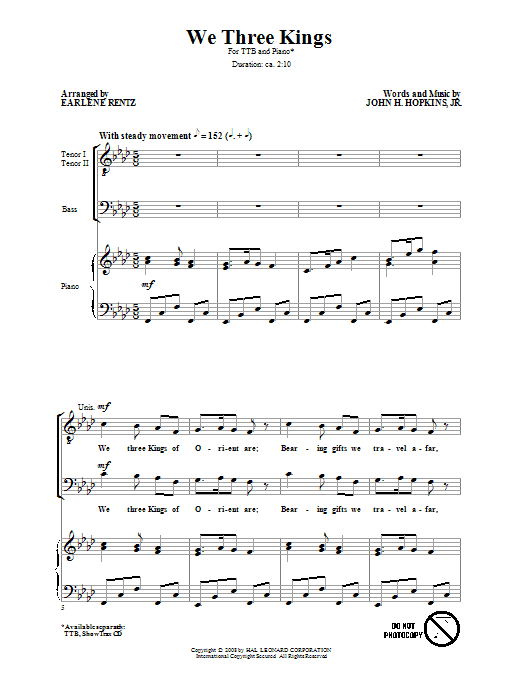 Earlene Rentz We Three Kings sheet music notes and chords. Download Printable PDF.