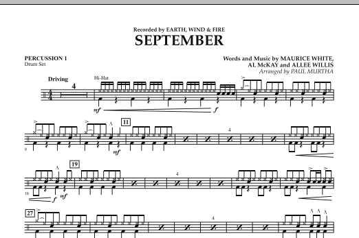 Earth Wind Fire September Arr Paul Murtha Percussion 1 Sheet Music Pdf Notes Chords Funk Score Concert Band Download Printable Sku 292451
