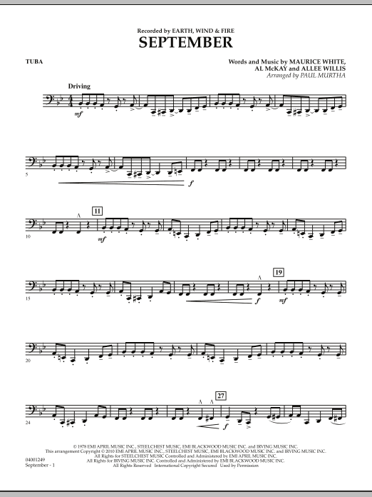 Earth Wind Fire September Arr Paul Murtha Tuba Sheet Music Pdf Notes Chords Funk Score Concert Band Download Printable Sku 292449