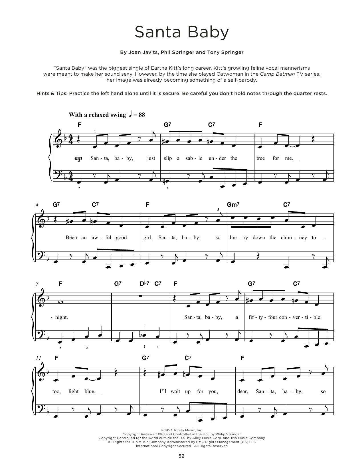 Eartha Kitt Santa Baby (jazz version) sheet music notes and chords. Download Printable PDF.