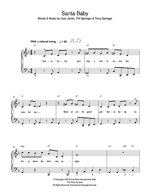 Learn to play Eartha Kitt Santa Baby sheet music for Piano Solo in minutes. Eartha Kitt Santa Baby sheet music notes and chords. Download Printable PDF.