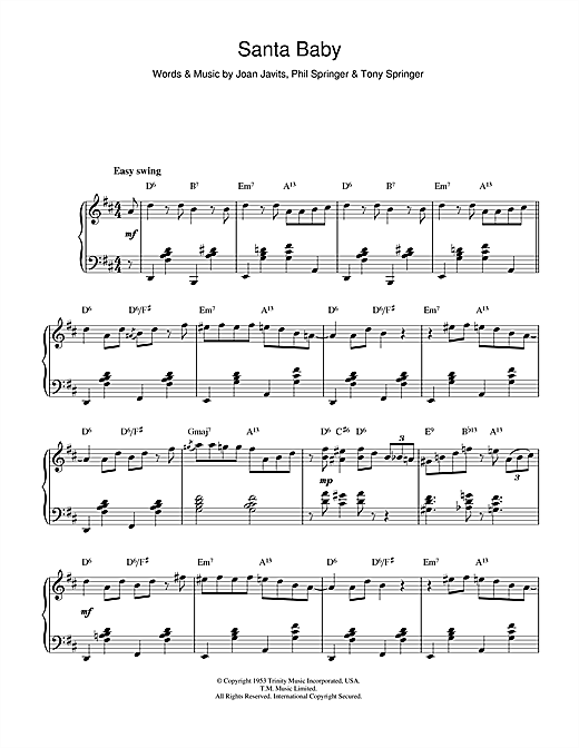 Learn to play Eartha Kitt Santa Baby (jazz version) sheet music for Piano Solo in minutes. Eartha Kitt Santa Baby (jazz version) sheet music notes and chords