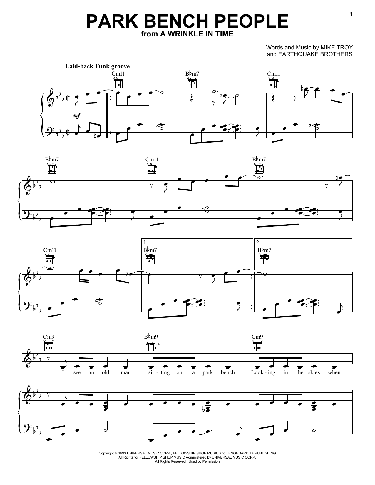 Learn to play Earthquake Brothers Park Bench People (from A Wrinkle In Time) sheet music for Easy Piano in minutes. Price: 6.9900$ Earthquake Brothers Park Bench People (from A Wrinkle In Time) sheet music notes and chords arranged for Easy Piano