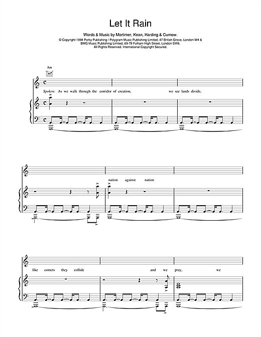Preview East 17 Let It Rain Pop sheet music, notes and chords for Piano, Vocal & Guitar (Right-Hand Melody), SKU: 14980 sheet music, piano notes, chords, guitar tabs, score, transpose, transcribe, how to play, guide, download, learn, tutorial, progression, song, artist, awards, billboard, mtv, vh1, tour, single, album, release