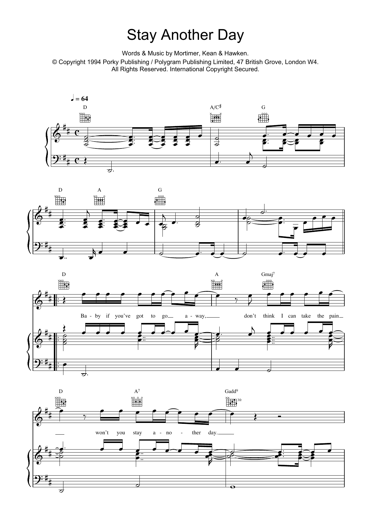 East 17 Stay Another Day sheet music notes and chords. Download Printable PDF.