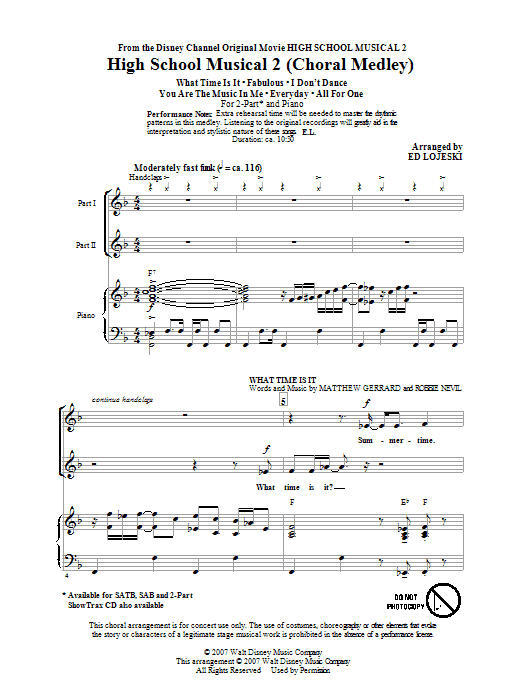 Ed Lojeski High School Musical 2 Choral Medley Sheet Music And Chords For Satb Choir 