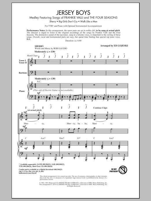 Ed Lojeski Jersey Boys Medley sheet music notes and chords - Download Printable PDF and start playing in minutes.