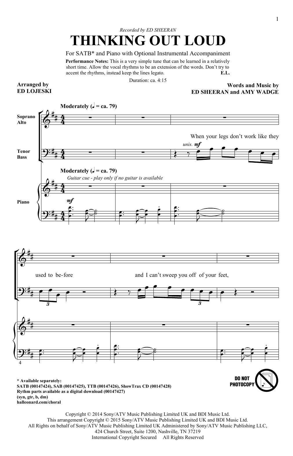 Ed Sheeran Thinking Out Loud (arr. Ed Lojeski) sheet music notes and chords. Download Printable PDF.