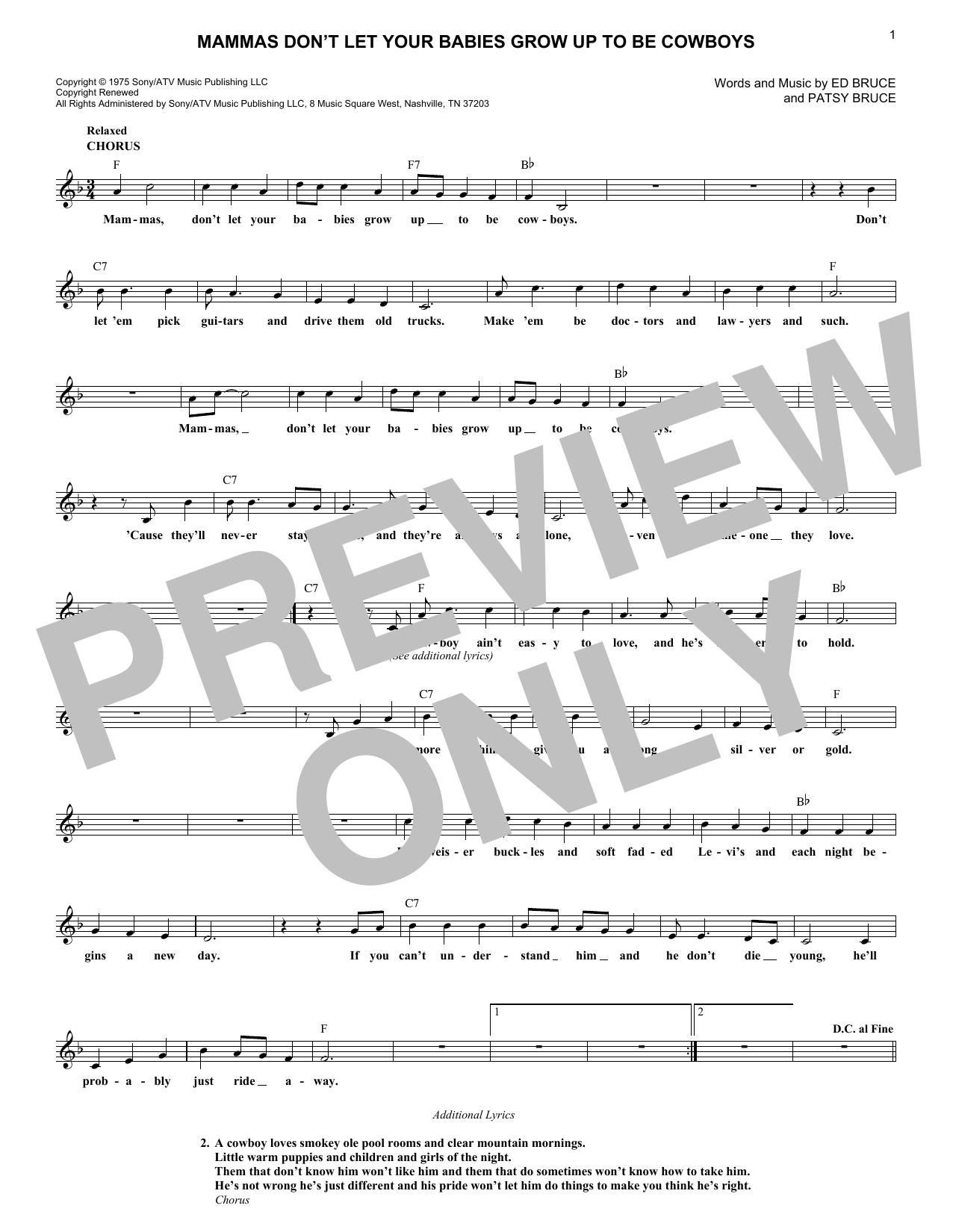 Ed Bruce Mammas Don't Let Your Babies Grow Up To Be Cowboys sheet music notes and chords arranged for Easy Lead Sheet / Fake Book