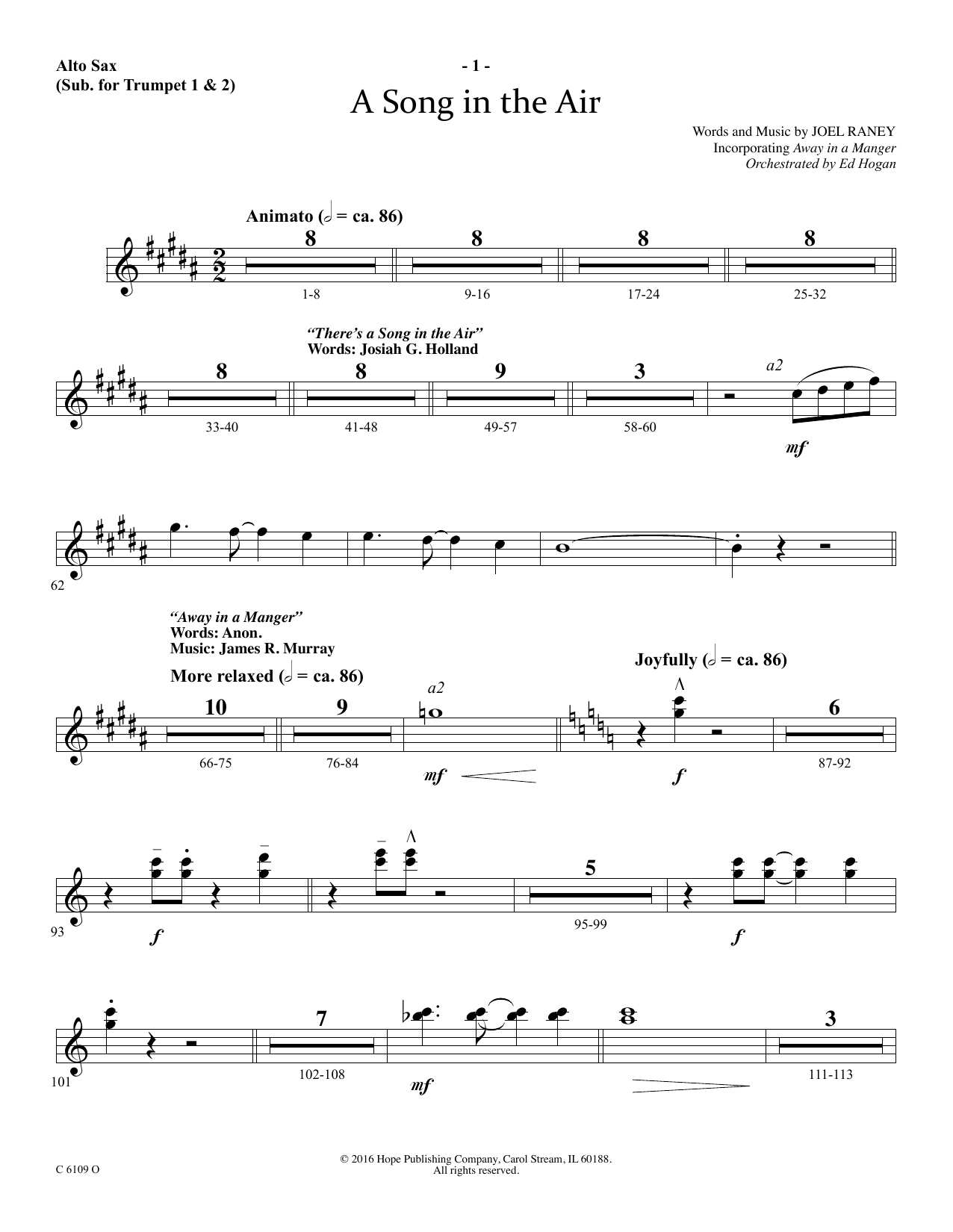 Learn to play Ed Hogan A Song In The Air - Alto Sax (sub. Trumpet 2) sheet music for Choir Instrumental Pak in minutes. Price: 69.9900$ Ed Hogan A Song In The Air - Alto Sax (sub. Trumpet 2) sheet music notes and chords arranged for Choir Instrumental Pak
