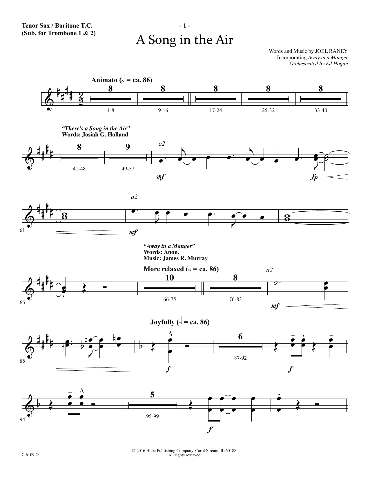 Learn to play Ed Hogan A Song In The Air - Tenor Sax/Baritone TC sheet music for Choir Instrumental Pak in minutes. Price: 69.9900$ Ed Hogan A Song In The Air - Tenor Sax/Baritone TC sheet music notes and chords arranged for Choir Instrumental Pak