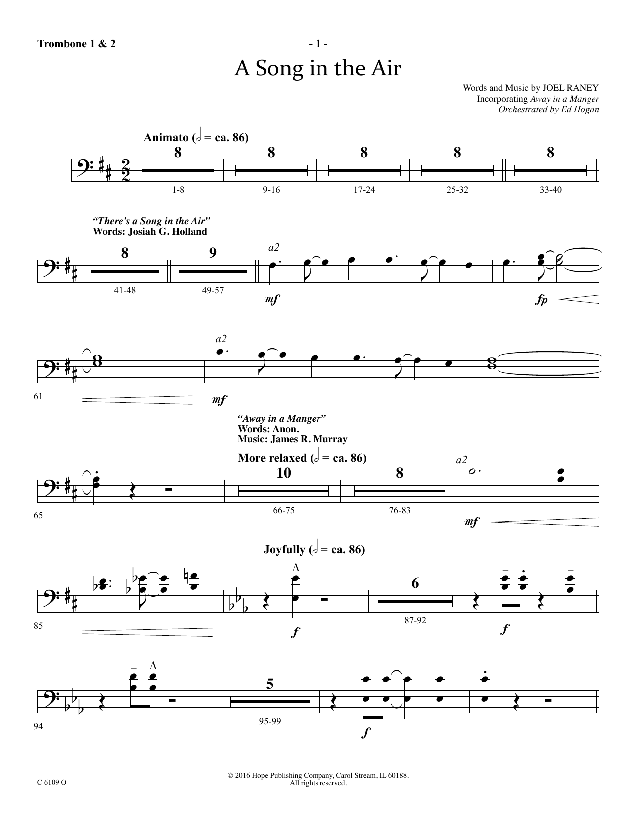 Learn to play Ed Hogan A Song In The Air - Trombone 1 & 2 sheet music for Choir Instrumental Pak in minutes. Price: 69.9900$ Ed Hogan A Song In The Air - Trombone 1 & 2 sheet music notes and chords arranged for Choir Instrumental Pak