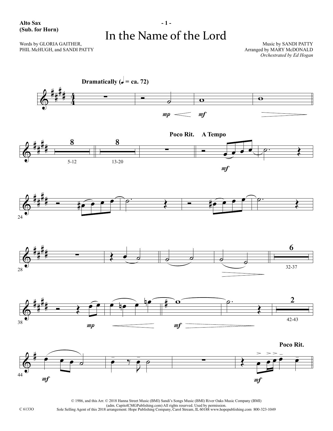 Ed Hogan In The Name Of The Lord - Alto Sax (Horn sub.) sheet music notes and chords arranged for Choir Instrumental Pak