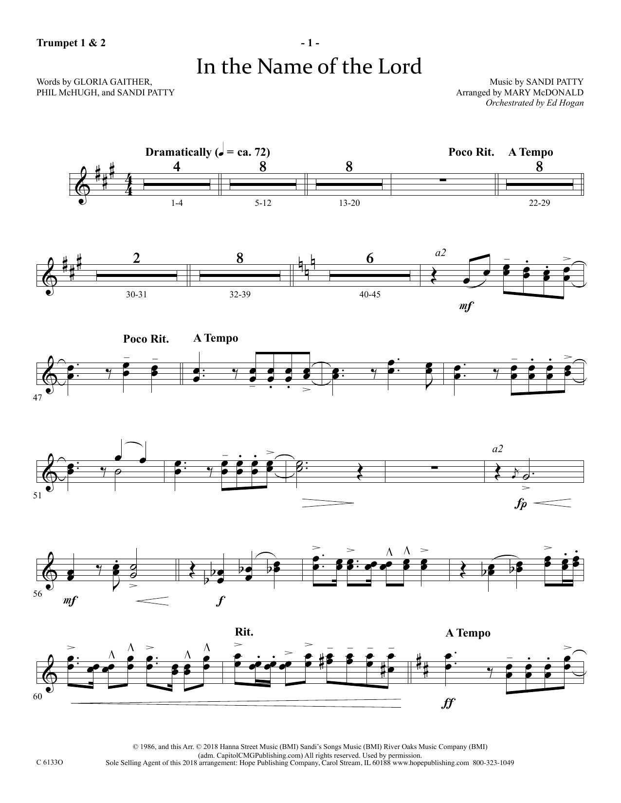 Learn to play Ed Hogan In The Name Of The Lord - Bb Trumpet 1 & 2 sheet music for Choir Instrumental Pak in minutes. Price: 69.9900$ Ed Hogan In The Name Of The Lord - Bb Trumpet 1 & 2 sheet music notes and chords arranged for Choir Instrumental Pak