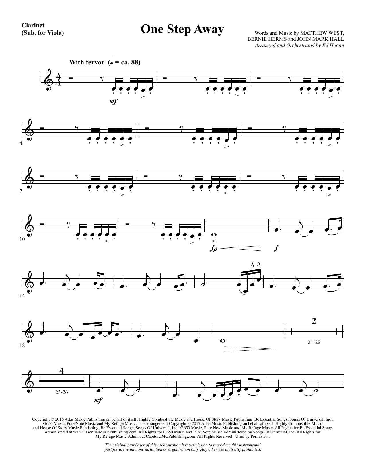 Learn to play Ed Hogan One Step Away - Clarinet (sub Viola) sheet music for Choir Instrumental Pak in minutes. Ed Hogan One Step Away - Clarinet (sub Viola) sheet music notes and chords. Download Printable PDF.