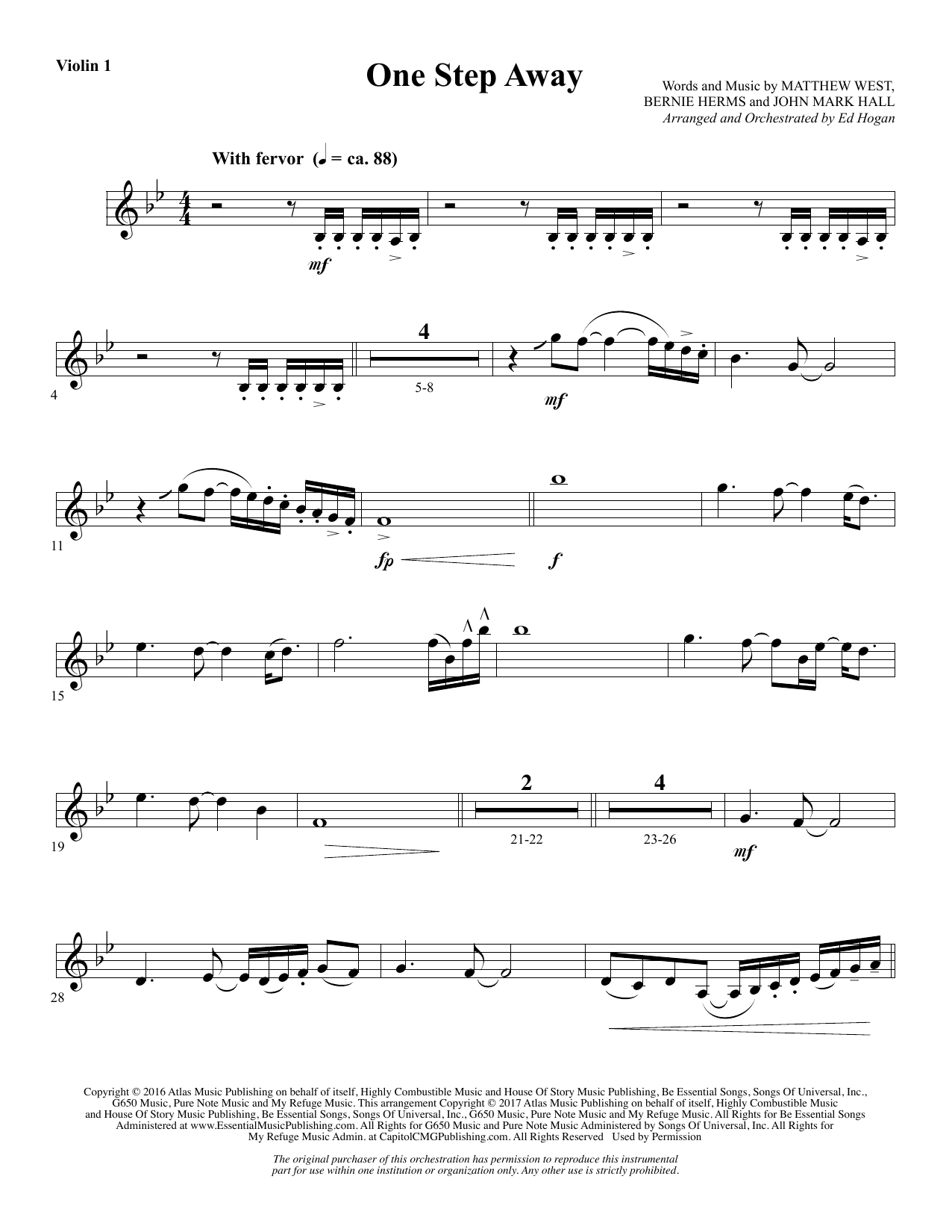 Learn to play Ed Hogan One Step Away - Violin 1 sheet music for Choir Instrumental Pak in minutes. Ed Hogan One Step Away - Violin 1 sheet music notes and chords. Download Printable PDF.