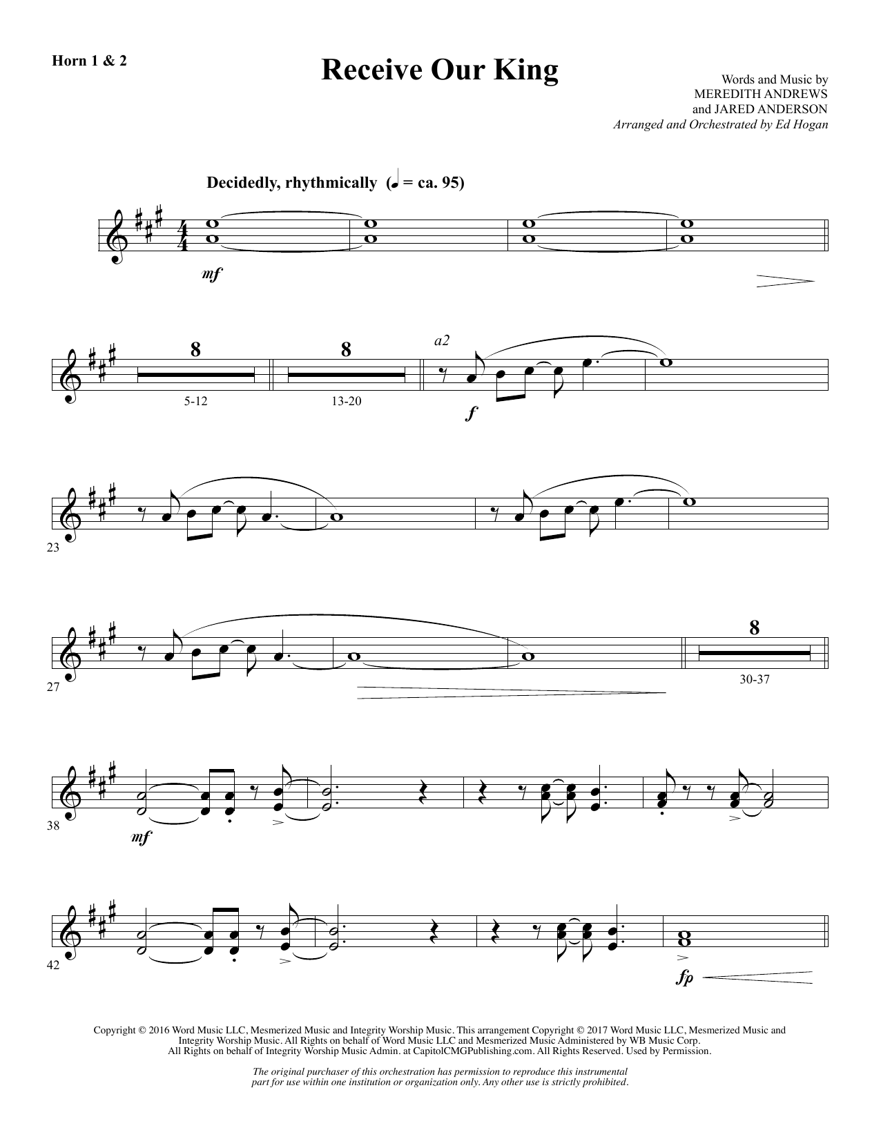 Learn to play Ed Hogan Receive Our King - F Horn 1 & 2 sheet music for Choir Instrumental Pak in minutes. Ed Hogan Receive Our King - F Horn 1 & 2 sheet music notes and chords. Download Printable PDF.