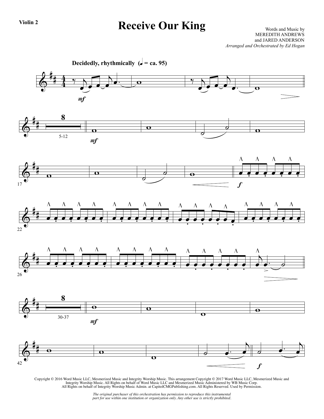 Learn to play Ed Hogan Receive Our King - Violin 1 sheet music for Choir Instrumental Pak in minutes. Ed Hogan Receive Our King - Violin 1 sheet music notes and chords. Download Printable PDF.