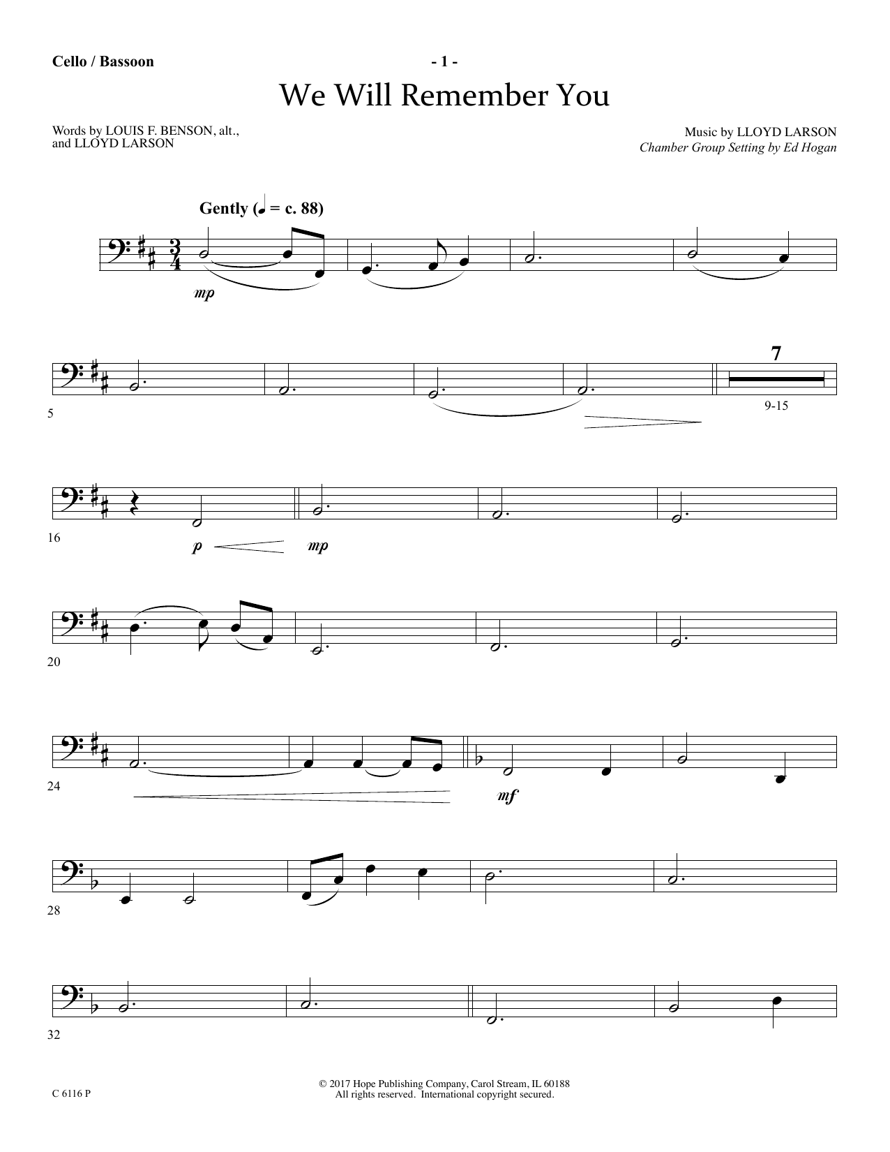 Learn to play Ed Hogan We Will Remember You - Cello/Bassoon sheet music for Choir Instrumental Pak in minutes. Price: 26.9900$ Ed Hogan We Will Remember You - Cello/Bassoon sheet music notes and chords arranged for Choir Instrumental Pak