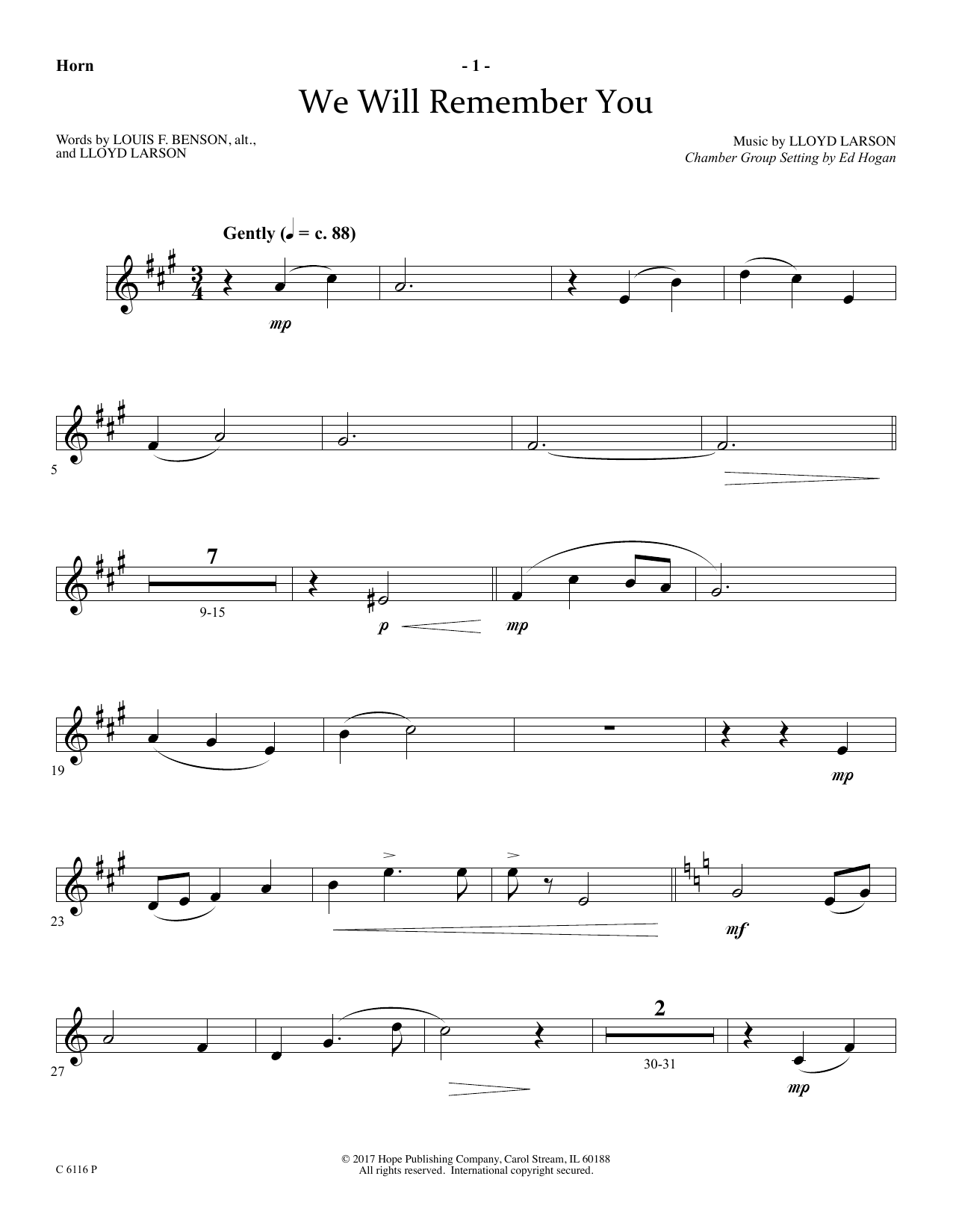 Learn to play Ed Hogan We Will Remember You - F Horn sheet music for Choir Instrumental Pak in minutes. Price: 26.9900$ Ed Hogan We Will Remember You - F Horn sheet music notes and chords arranged for Choir Instrumental Pak