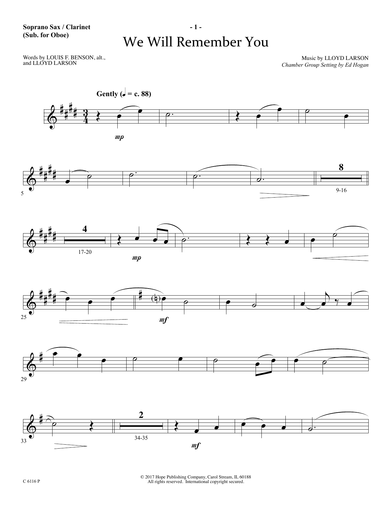 Learn to play Ed Hogan We Will Remember You - Soprano Sax/Clarinet(sub oboe) sheet music for Choir Instrumental Pak in minutes. Price: 26.9900$ Ed Hogan We Will Remember You - Soprano Sax/Clarinet(sub oboe) sheet music notes and chords arranged for Choir Instrumental Pak