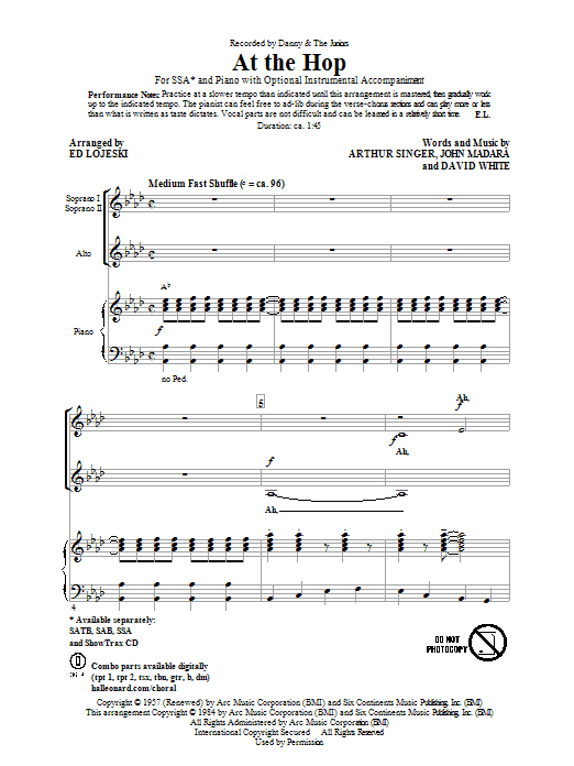 Learn to play Ed Lojeski At The Hop sheet music for SSA Choir in minutes. Ed Lojeski At The Hop sheet music notes and chords. Download Printable PDF.