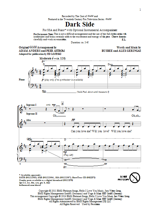 Kelly Clarkson Dark Side (arr. Ed Lojeski) sheet music notes and chords. Download Printable PDF.