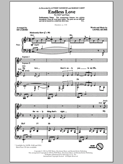 Lionel Richie Endless Love (arr. Ed Lojeski) sheet music notes and chords. Download Printable PDF.