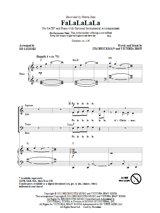 Victoria Shaw FaLaLaLaLa (arr. Ed Lojeski) sheet music notes and chords. Download Printable PDF.