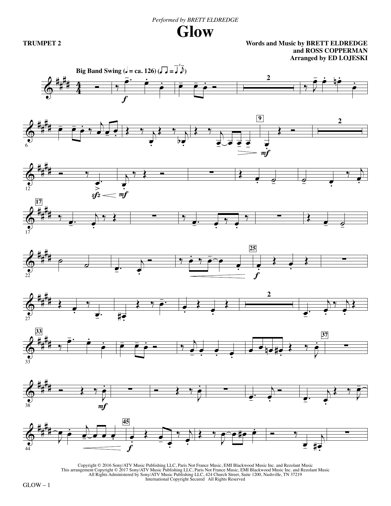 Learn to play Ed Lojeski Glow - Trumpet 2 sheet music for Choir Instrumental Pak in minutes. Ed Lojeski Glow - Trumpet 2 sheet music notes and chords. Download Printable PDF.