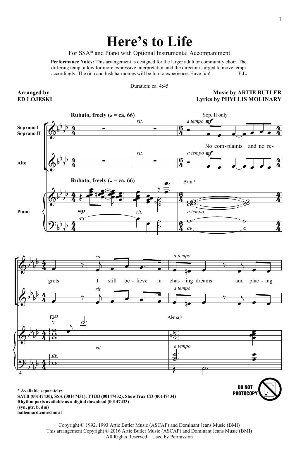 Learn to play Ed Lojeski Here's To Life sheet music for TTBB Choir in minutes. Price: 3.9900$ Ed Lojeski Here's To Life sheet music notes and chords arranged for TTBB Choir