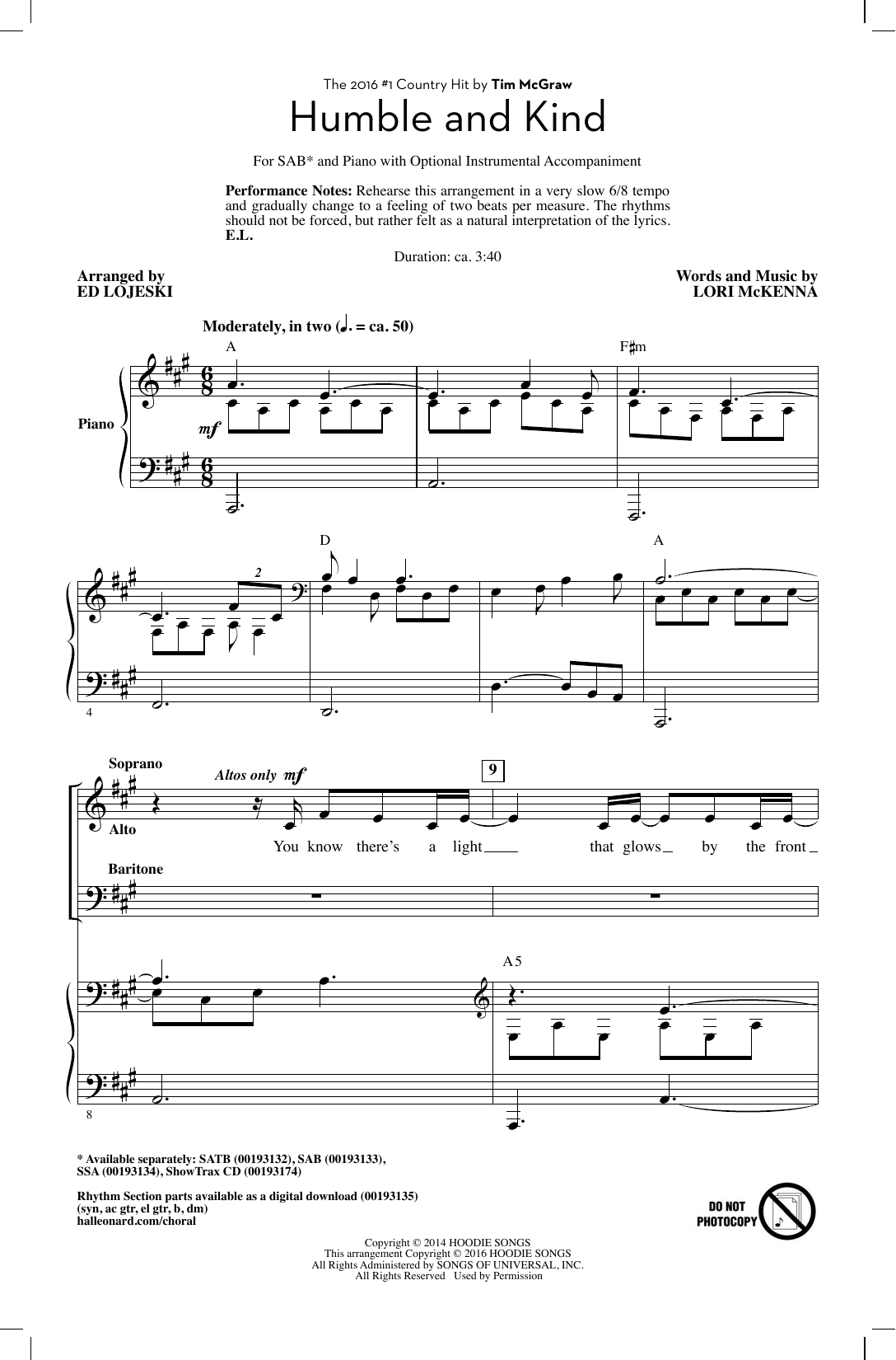 Tim McGraw Humble And Kind (arr. Ed Lojeski) sheet music notes and chords. Download Printable PDF.