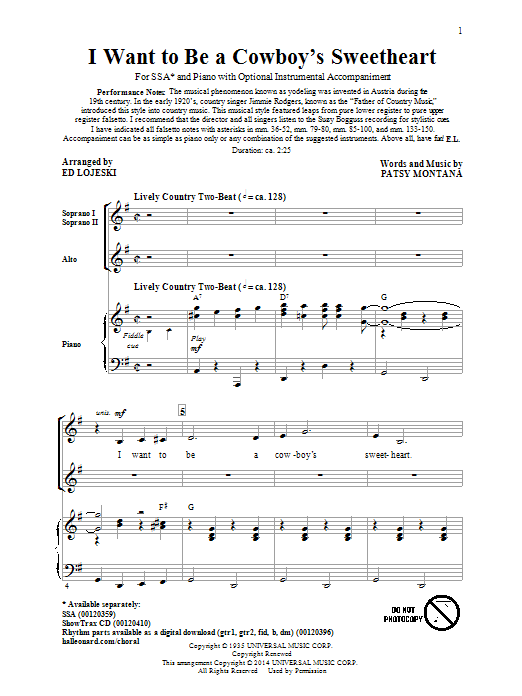 Learn to play Ed Lojeski I Want To Be A Cowboy's Sweetheart sheet music for SSA Choir in minutes. Price: 3.9900$ Ed Lojeski I Want To Be A Cowboy's Sweetheart sheet music notes and chords arranged for SSA Choir