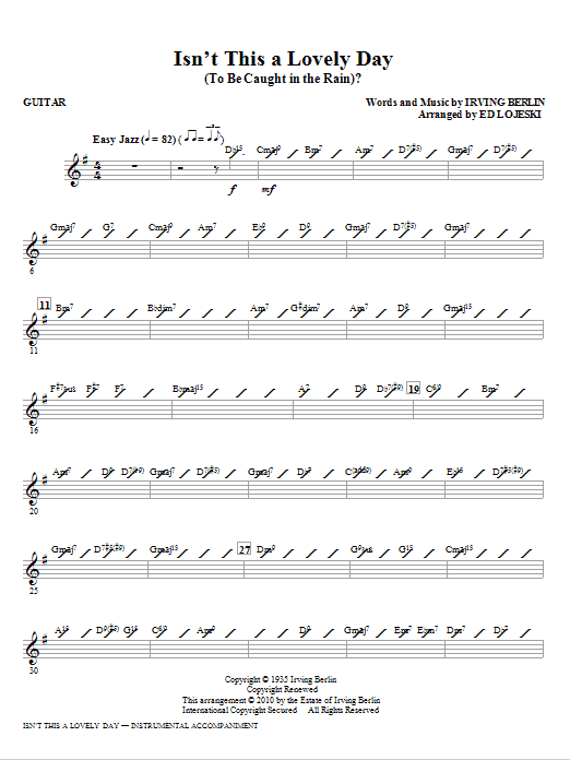 Learn to play Ed Lojeski Isn't This A Lovely Day (To Be Caught In The Rain)? - Guitar sheet music for Choir Instrumental Pak in minutes. Ed Lojeski Isn't This A Lovely Day (To Be Caught In The Rain)? - Guitar sheet music notes and chords. Download Printable PDF.