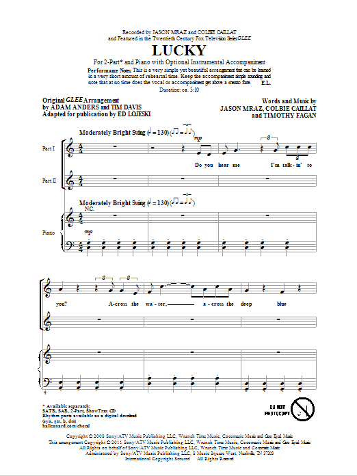 Ed Lojeski Lucky sheet music notes and chords. Download Printable PDF.