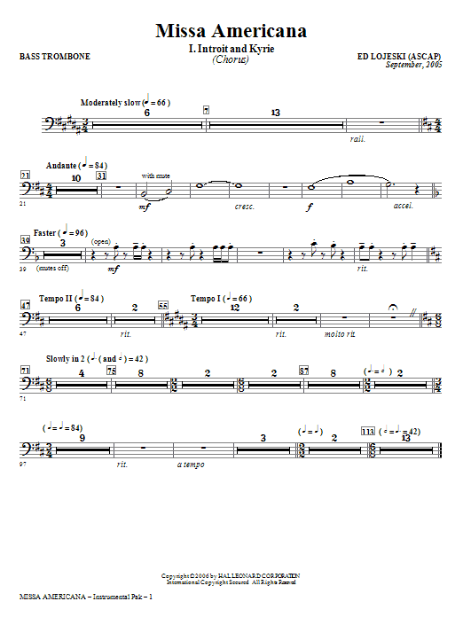 Learn to play Ed Lojeski Missa Americana - Bass Trombone sheet music for Choir Instrumental Pak in minutes. Ed Lojeski Missa Americana - Bass Trombone sheet music notes and chords. Download Printable PDF.