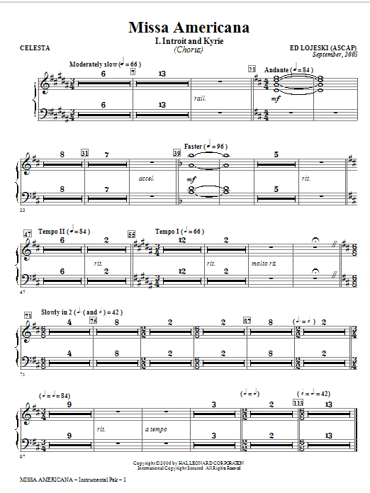 Learn to play Ed Lojeski Missa Americana - Celesta sheet music for Choir Instrumental Pak in minutes. Ed Lojeski Missa Americana - Celesta sheet music notes and chords. Download Printable PDF.