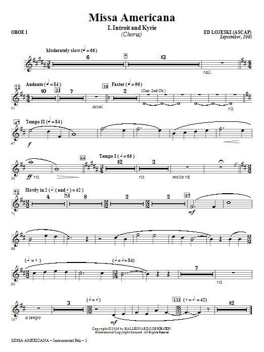 Learn to play Ed Lojeski Missa Americana - Oboe 1 sheet music for Choir Instrumental Pak in minutes. Ed Lojeski Missa Americana - Oboe 1 sheet music notes and chords. Download Printable PDF.