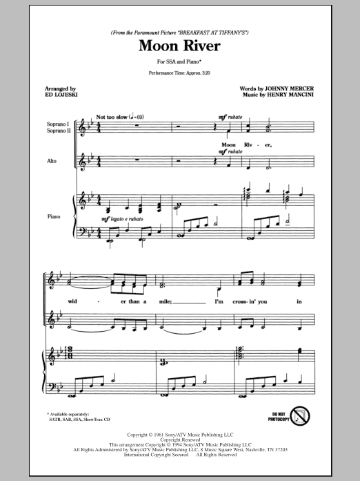 Ed Lojeski Moon River sheet music notes and chords. Download Printable PDF.