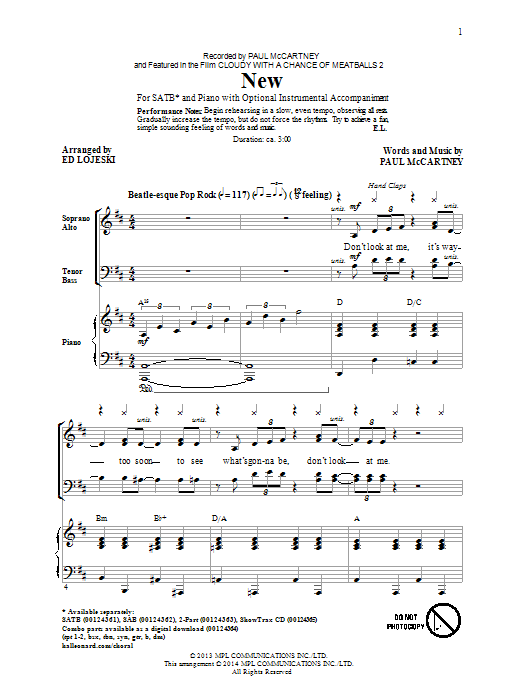Paul McCartney New (arr. Ed Lojeski) sheet music notes and chords. Download Printable PDF.