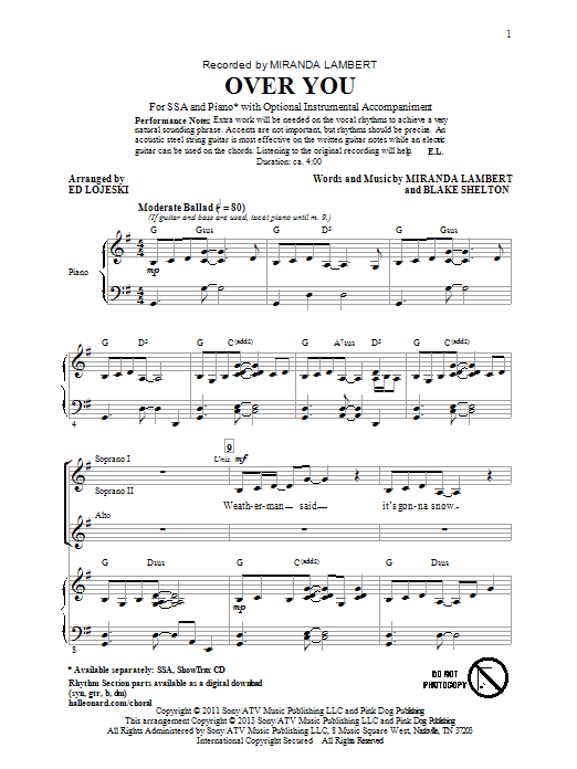 Miranda Lambert Over You (arr. Ed Lojeski) sheet music notes and chords. Download Printable PDF.