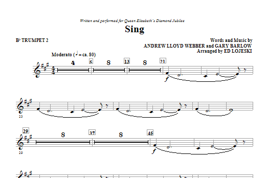 Learn to play Ed Lojeski Sing (Queen Elizabeth Diamond Jubilee) - Bb Trumpet 2 sheet music for Choir Instrumental Pak in minutes. Ed Lojeski Sing (Queen Elizabeth Diamond Jubilee) - Bb Trumpet 2 sheet music notes and chords. Download Printable PDF.