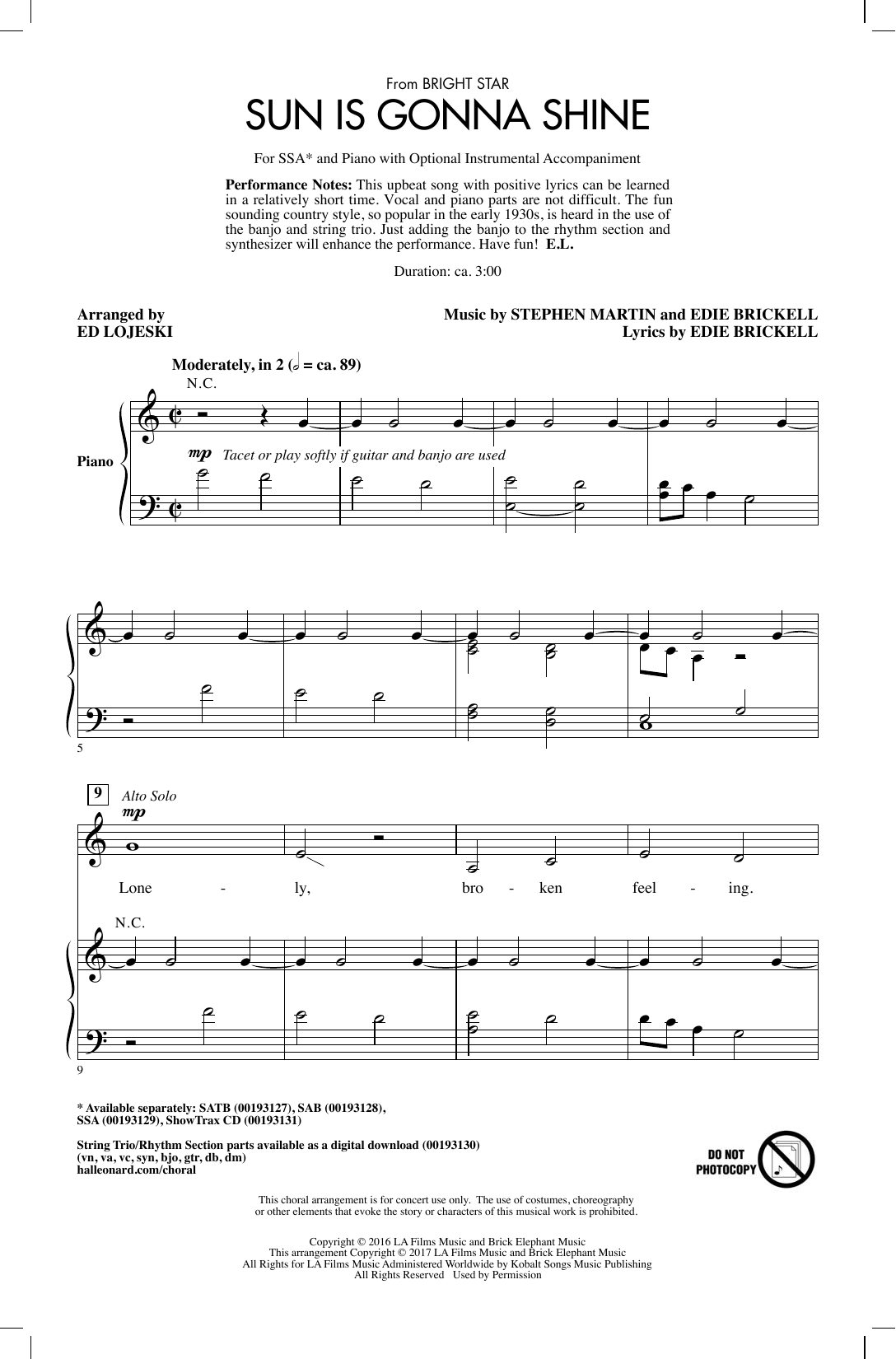 Learn to play Ed Lojeski Sun Is Gonna Shine sheet music for SAB Choir in minutes. Price: 3.9900$ Ed Lojeski Sun Is Gonna Shine sheet music notes and chords arranged for SAB Choir