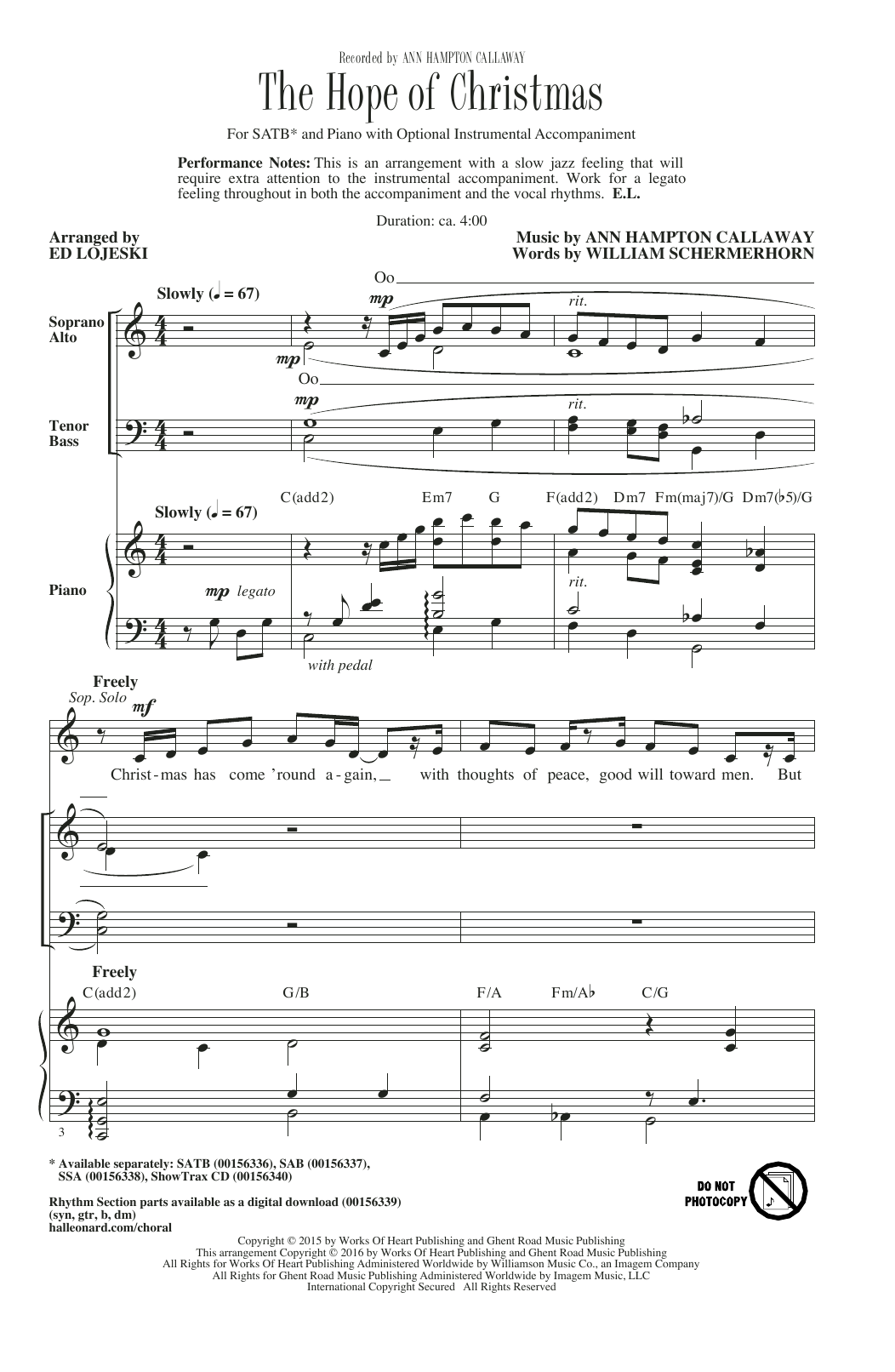 Learn to play Ed Lojeski The Hope Of Christmas sheet music for SSA Choir in minutes. Price: 3.9900$ Ed Lojeski The Hope Of Christmas sheet music notes and chords arranged for SSA Choir