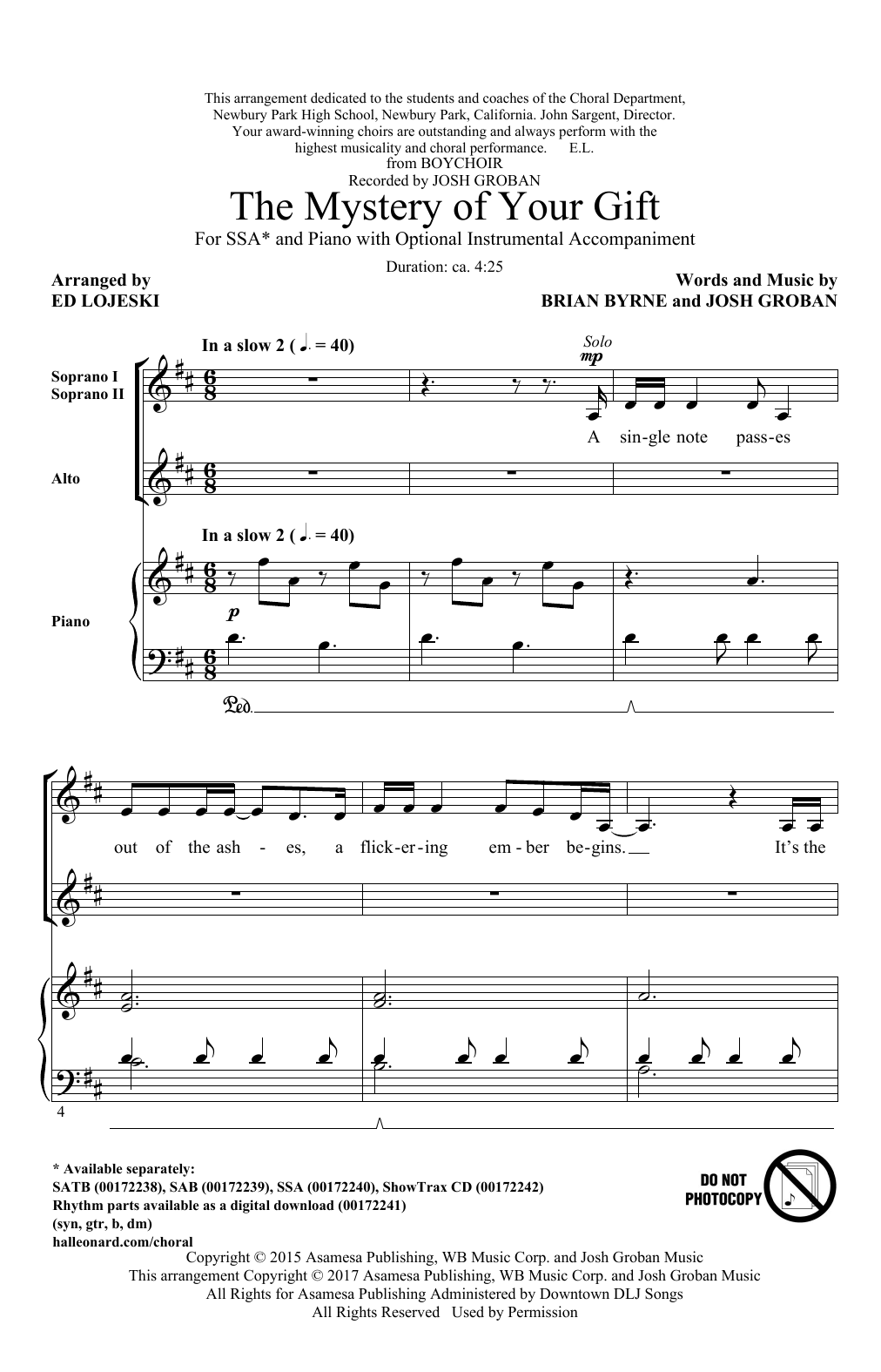 Learn to play Ed Lojeski The Mystery Of Your Gift sheet music for SSA Choir in minutes. Price: 3.9900$ Ed Lojeski The Mystery Of Your Gift sheet music notes and chords arranged for SSA Choir